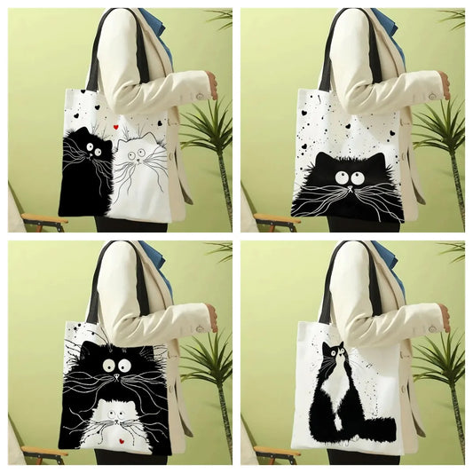 Cute Cats Print Grocery Linen Tote Bag