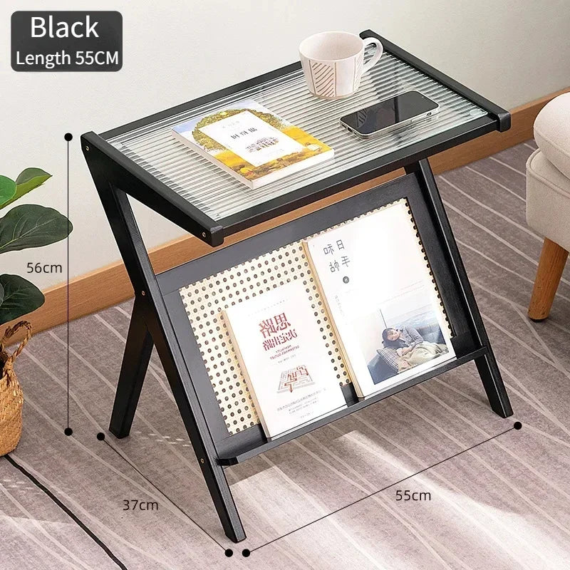 Japanese Style Bamboo Mobile Z Shape Side Table Cabinet With Tempered Glass Top