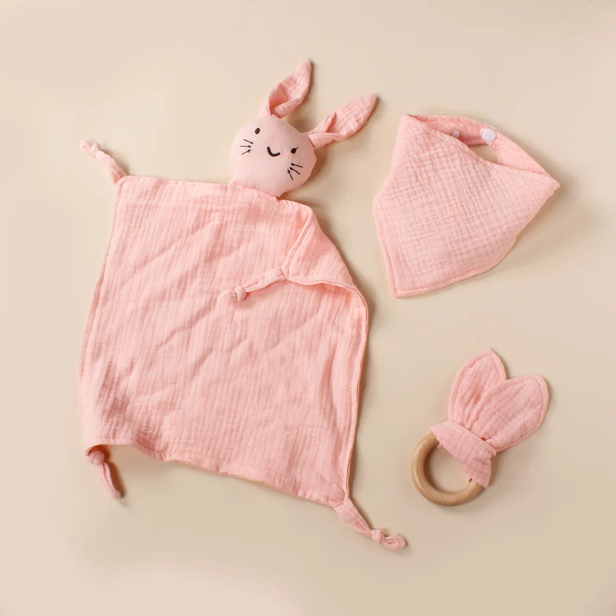 3pcs Cat Square Triangle Bib Rabbit Ear Wooden Ring Baby Towel Set