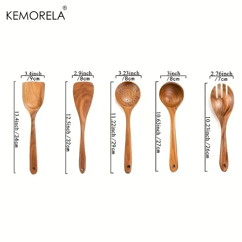 KEMORELA 5 / 6 PCS Thailand Teak Cooking Spoon Natural Wooden Kitchen Tableware Tool