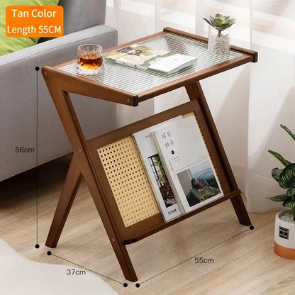 Japanese Style Bamboo Mobile Z Shape Side Table Cabinet With Tempered Glass Top