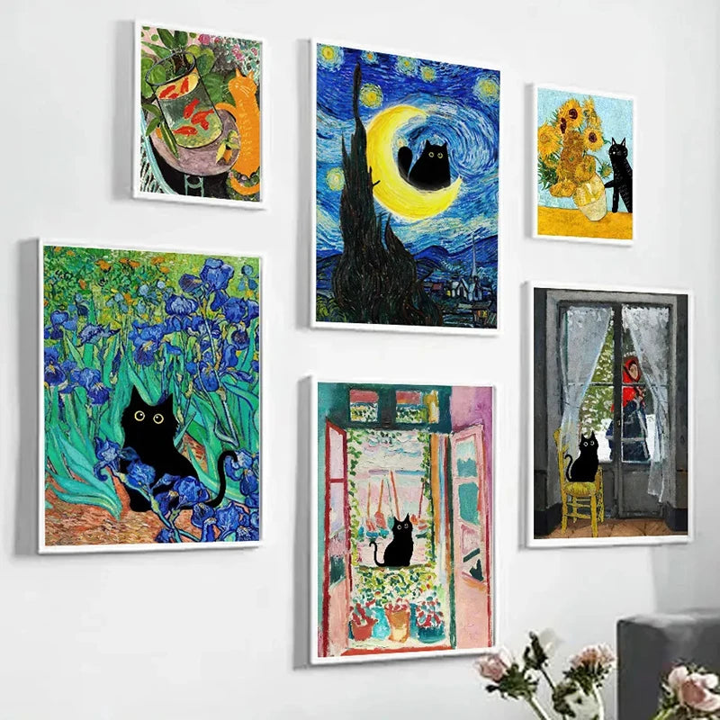 Art Matisse Monet Black Cat Van Gogh Sunflowers Canvas Painting Posters for Living Room Decor