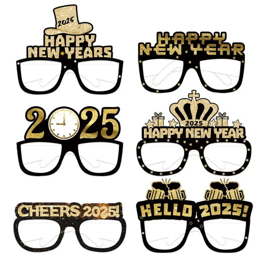 6/12pcs Happy New Year Paper Glasses 2025 Eyeglasses Frame Photo Booth Props Party Decoration Supplies