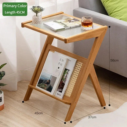 Japanese Style Bamboo Mobile Z Shape Side Table Cabinet With Tempered Glass Top