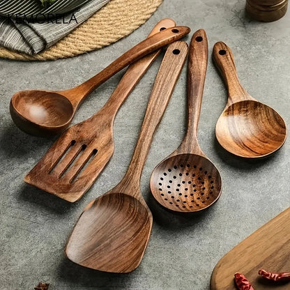 KEMORELA 5 / 6 PCS Thailand Teak Cooking Spoon Natural Wooden Kitchen Tableware Tool