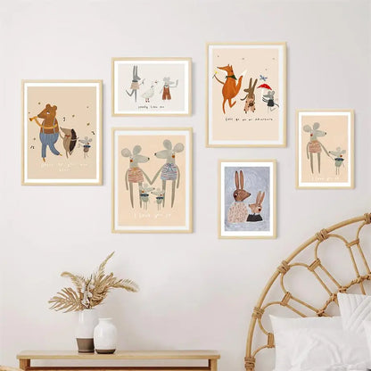 Nordic Mouse Family Rabbit Fox Wall Art Poster