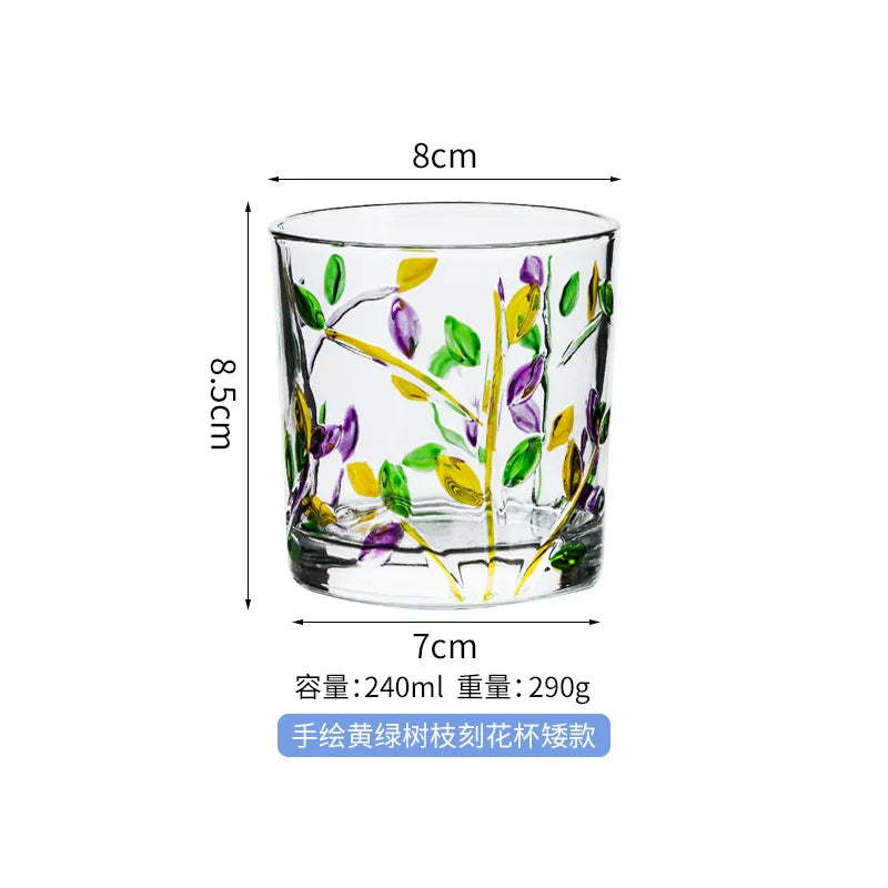 Ins浮雕畫樹枝玻璃雕花水杯