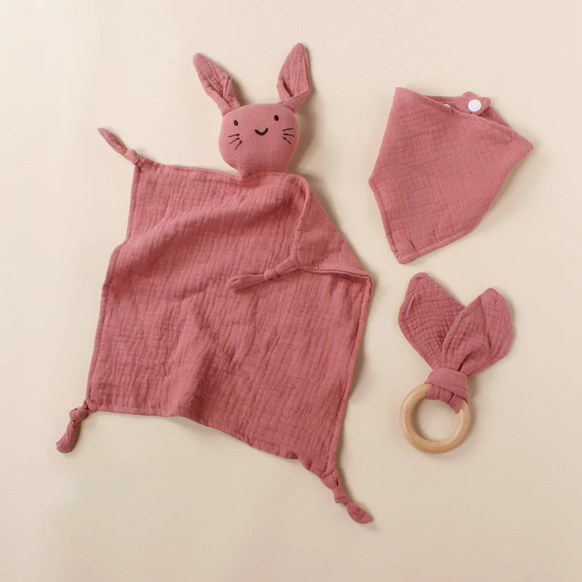 3pcs Cat Square Triangle Bib Rabbit Ear Wooden Ring Baby Towel Set