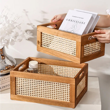 Retro Rattan Basket Wood Storage Box