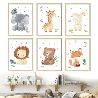 Boho Cartoon Animals Posters Nursery Canvas Painting