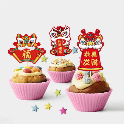 8pcs 2025 Happy Chinese New Year Cake Topper Lion Dance Cake Decoration Spring Festival Christmas Cake Decoration