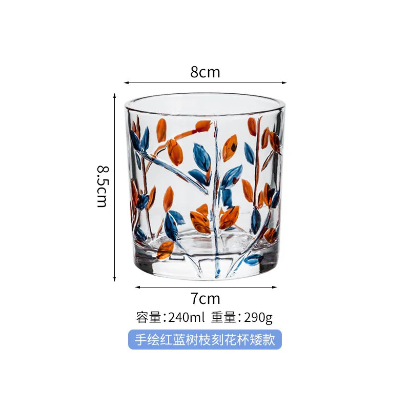 Ins浮雕畫樹枝玻璃雕花水杯