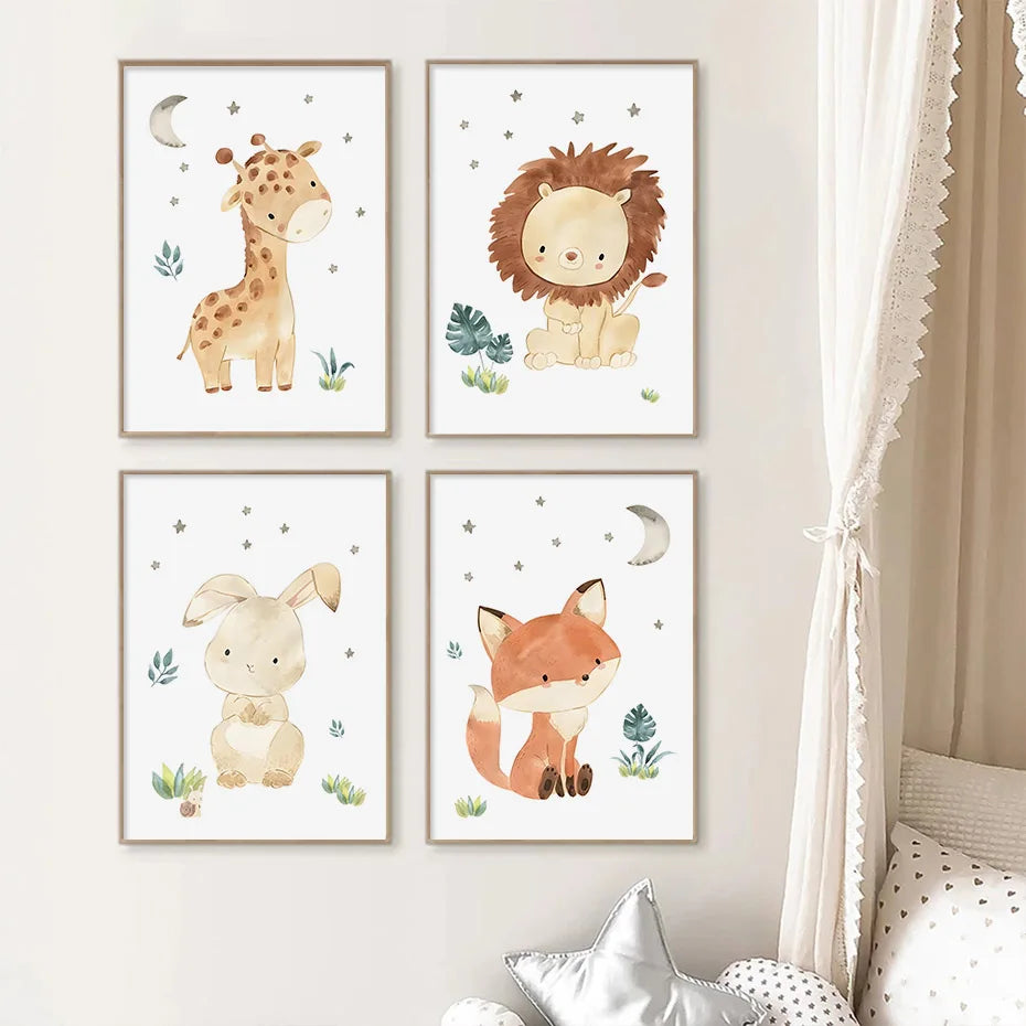 Boho Cartoon Animals Posters Nursery Canvas Painting