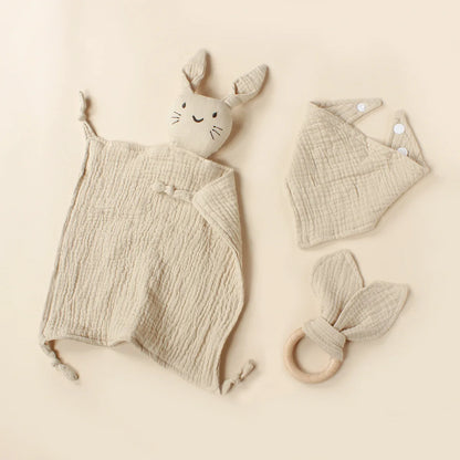 3pcs Cat Square Triangle Bib Rabbit Ear Wooden Ring Baby Towel Set