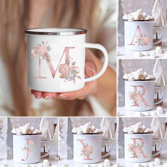 360ml Pink Letter Flowers Enamel Coffee Mugs