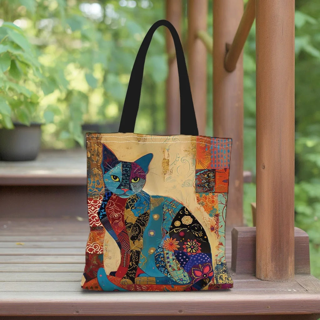 Floral Cat Pattern Canvas Tote Bag