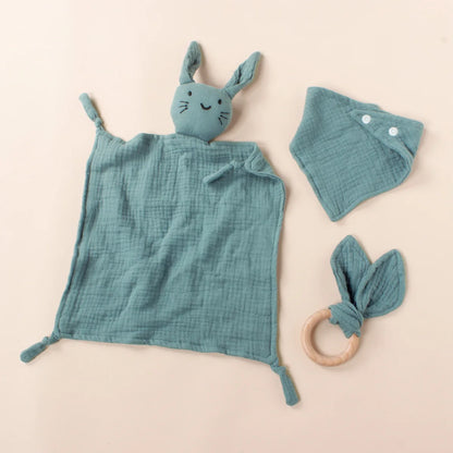 3pcs Cat Square Triangle Bib Rabbit Ear Wooden Ring Baby Towel Set