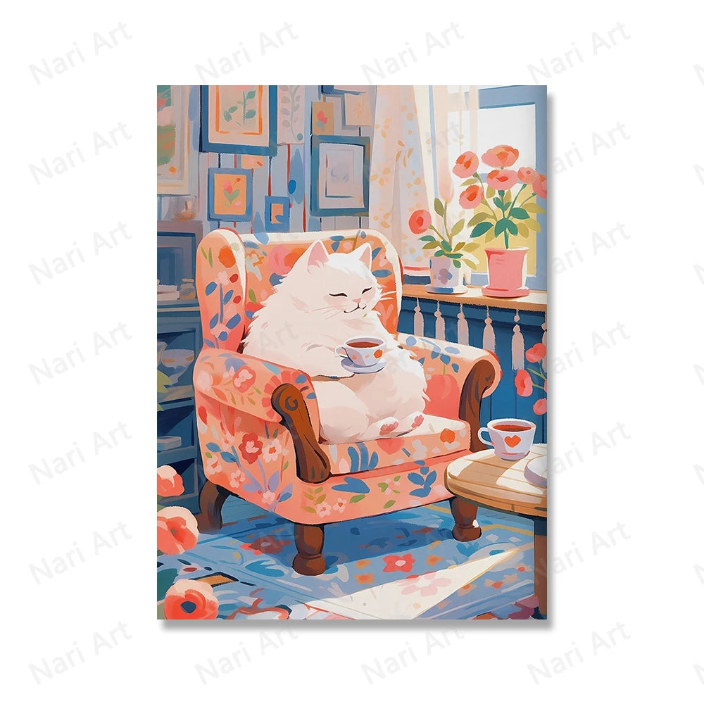 Cute Cats Coffee Drinking Prints Animal Poster