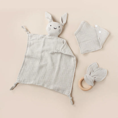 3pcs Cat Square Triangle Bib Rabbit Ear Wooden Ring Baby Towel Set