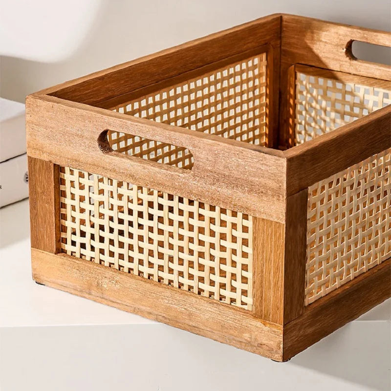 Retro Rattan Basket Wood Storage Box