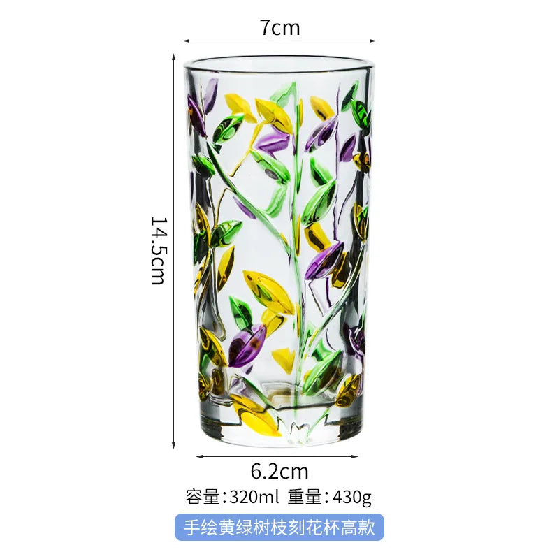 Ins浮雕畫樹枝玻璃雕花水杯