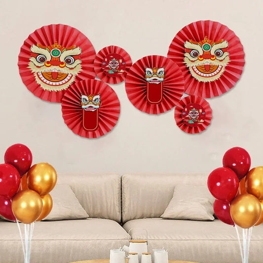 Chinese Style Lion Fan Decor Chinese New Year Decoration Background Wall Decor Hanging Flower Paper Craft Festival Supply