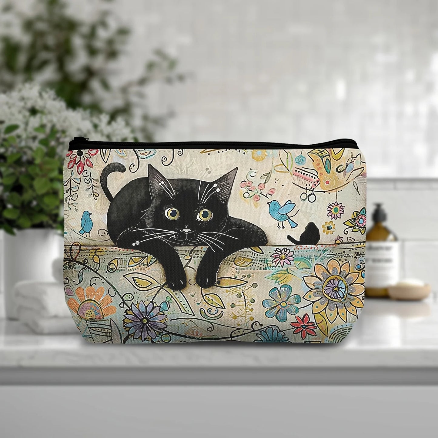 Retro Cat Pattern Zipper Makeup Pouch