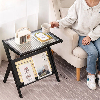 Japanese Style Bamboo Mobile Z Shape Side Table Cabinet With Tempered Glass Top