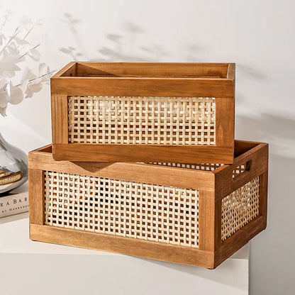 Retro Rattan Basket Wood Storage Box