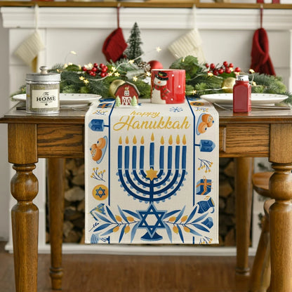 Happy Hanukkah Menorah Linen Table Runner