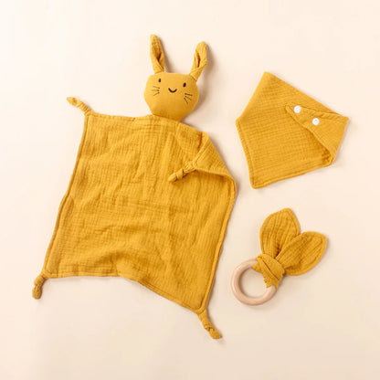 3pcs Cat Square Triangle Bib Rabbit Ear Wooden Ring Baby Towel Set