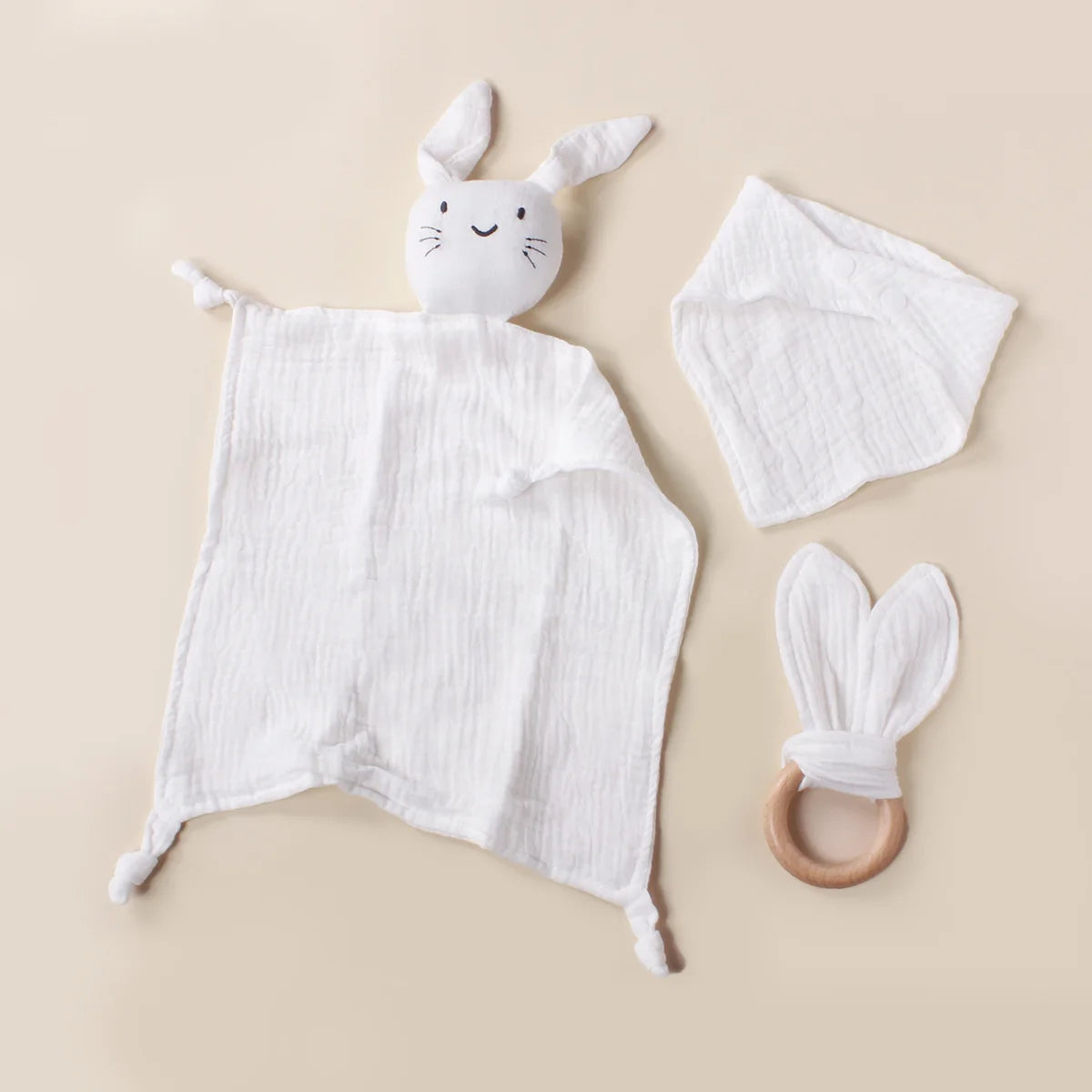 3pcs Cat Square Triangle Bib Rabbit Ear Wooden Ring Baby Towel Set